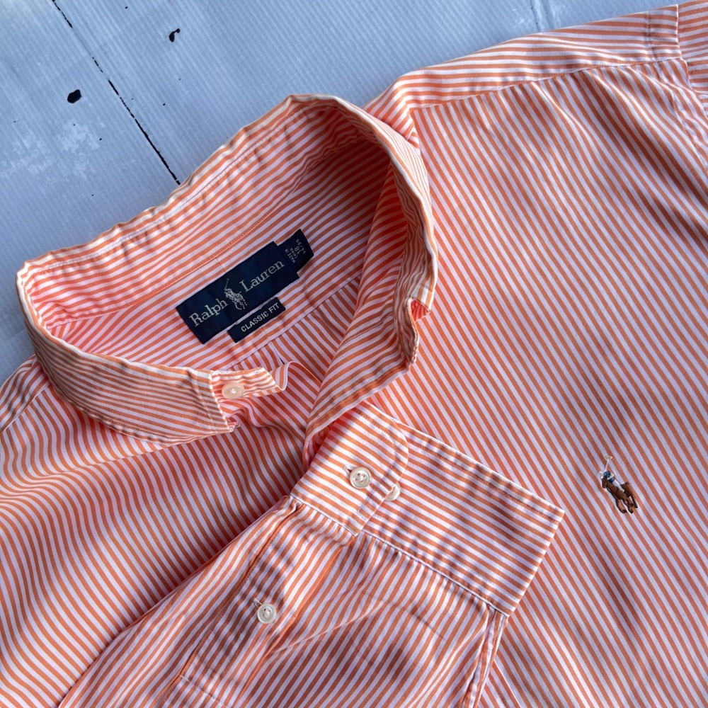 Ralph Lauren Mens Flesh Pony Classic Fit Striped Button Down Shirt Preppy Oxford